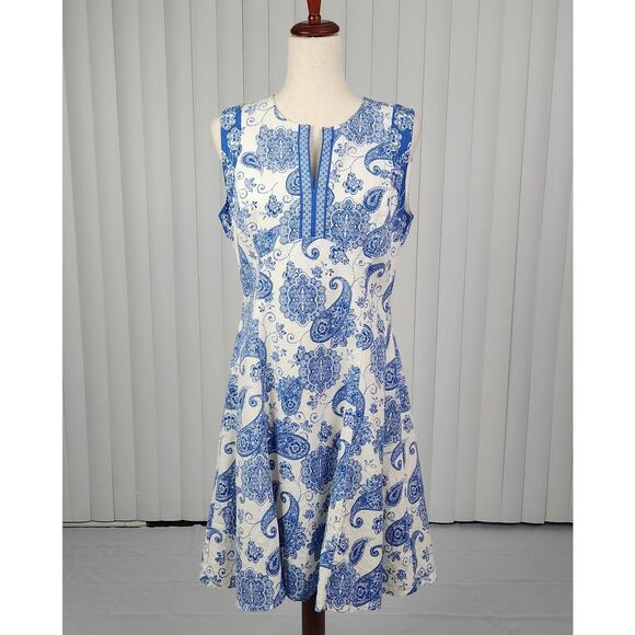 Maggy London Linen Blend Paisley A-Line Fit & Flare Dress Blue White Size US 10 - Picture 1 of 11